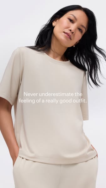 This ad features a woman wearing a matching beige top and bottom set. The ad's headline states, "Never underest