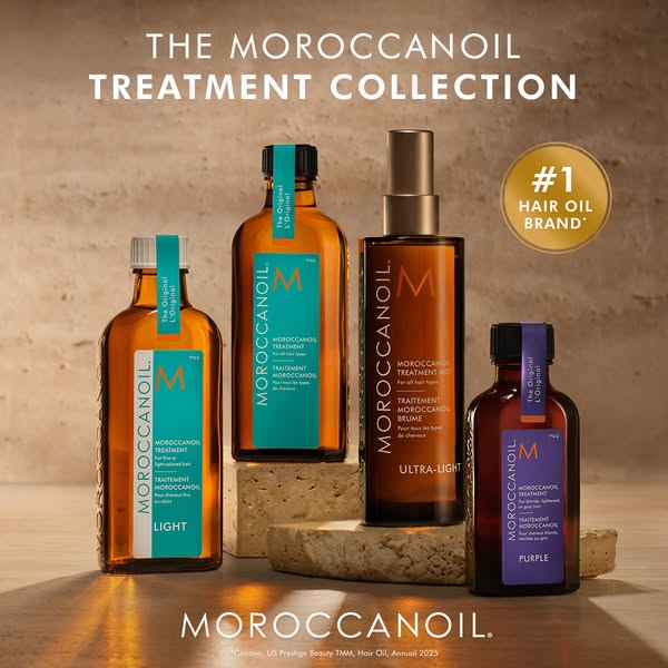 This image ad showcases Moroccanoil's Treatment Collection with four variations of their hair oil products. The ad e