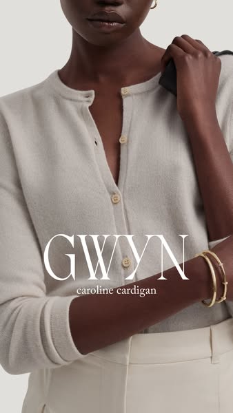 This ad showcases the Caroline Cardigan from GWYN clothing. A fashionable light beige cardigan is displayed on a slender