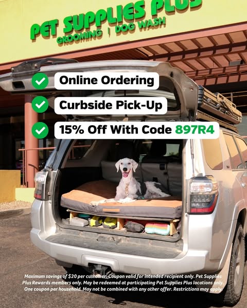 This image ad promotes Pet Supplies Plus, highlighting the convenience of online ordering and curbside pickup, while als