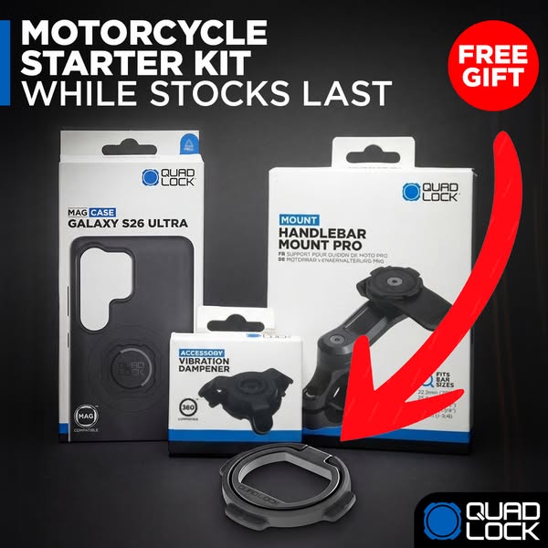 This image ad promotes the Quad Lock Motorcycle Starter Kit, which includes a phone case, vibration dampener, and handle