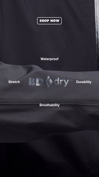 This ad highlights the key features of Black Diamond's BD.dry™ waterproof material, including its waterproof, breath