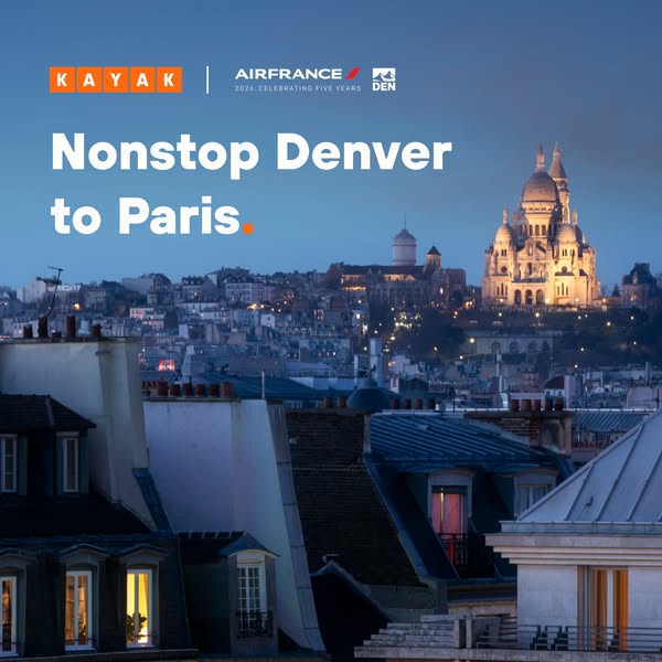 An image ad promoting nonstop flights from Denver to Paris through KAYAK, in partnership with Air France. The visual fea