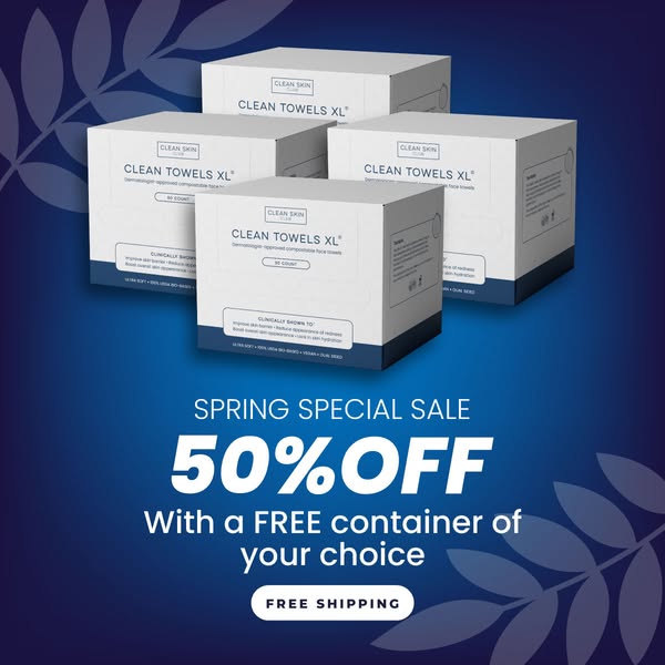 The ad promotes Clean Skin's Clean Towels XL with a spring special sale offering 50% off and a free container of cho