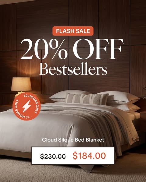 This ad promotes a flash sale for the Cloud Silque Bed Blanket. The ad highlights a 20% discount for a limited time.
