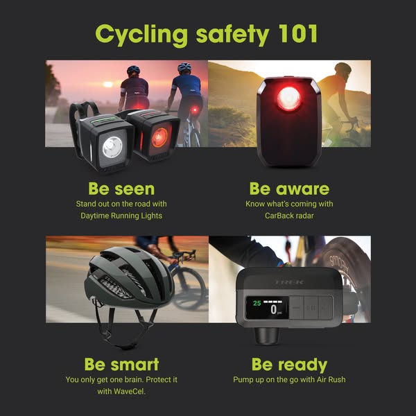This ad showcases safety equipment for cyclists. It is divided into four quadrants, each highlighting a different produc