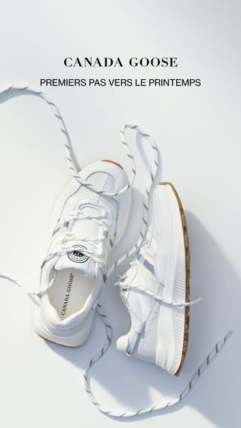 This ad showcases a pair of white Canada Goose shoes, highlighting their style and branding. The ad consists of an eye-l