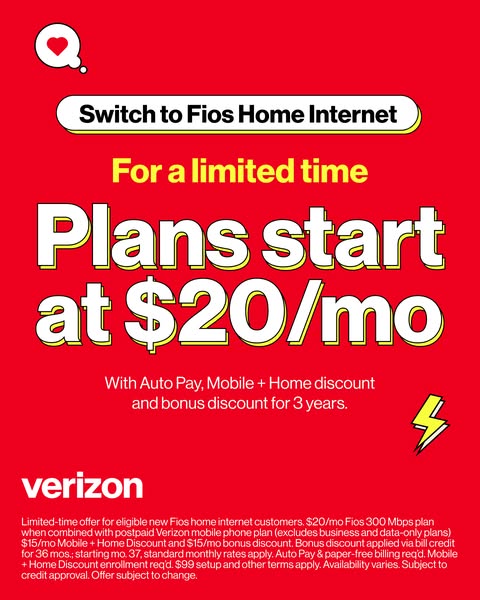 Image ad promoting Verizon Fios Home Internet with a limited-time offer of plans starting at $20 per month with Auto Pay