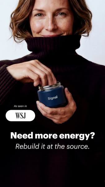 This ad features a woman holding a jar of Signal supplement. The ad highlights the product's ability to rebuild the 