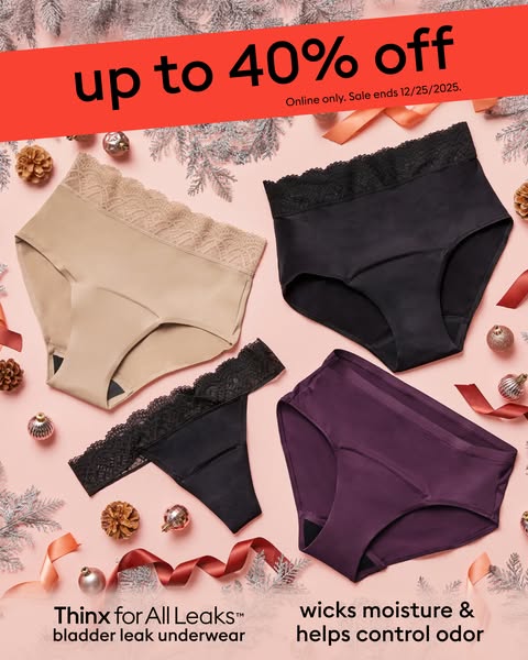 This ad showcases Thinx bladder leak underwear with a limited-time offer of up to 40% off. The ad highlights the product