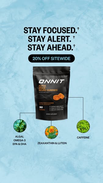 This image ad promotes Onnit's Alpha Brain Neuro Gummies, highlighting their benefits for focus, alertness, and cogn