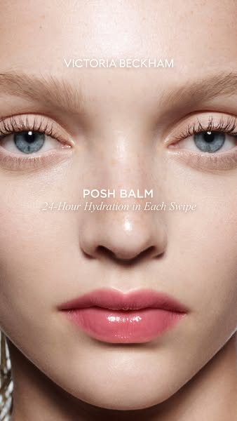 This ad features a close-up shot of a woman's face with the Victoria Beckham brand name at the top and product name,