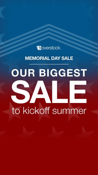 A vertical ad for Overstock's Memorial Day Sale, emphasizing it as their biggest sale to kick off summer, set agains