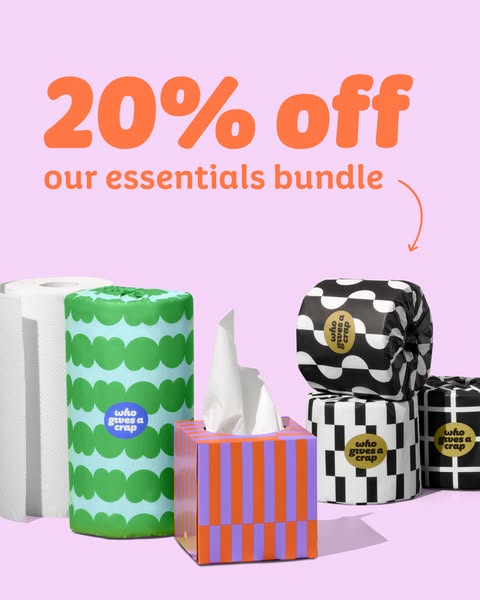 This image ad promotes Who Gives a Crap's essentials bundle with a 20% discount. The ad features a variety of the br