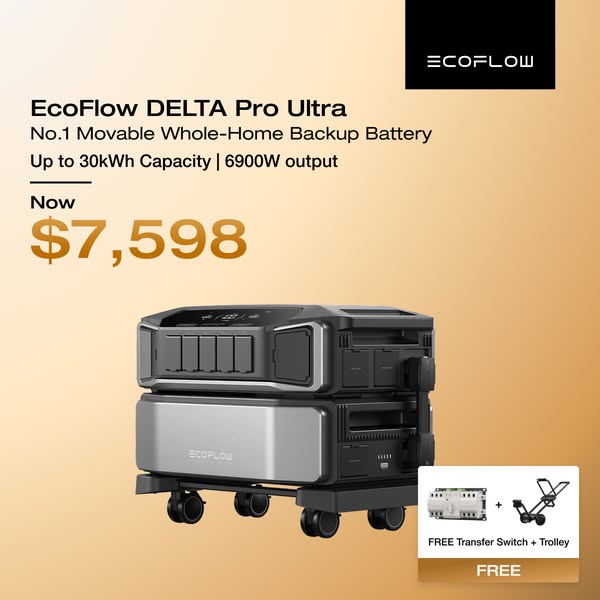 This image ad promotes the EcoFlow DELTA Pro Ultra, a movable whole-home backup battery with 30kWh capacity and 6900W ou