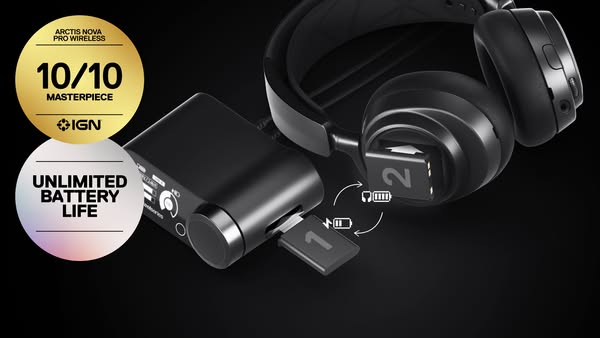 This ad showcases the SteelSeries Arctis Nova Pro Wireless headphones, highlighting their unlimited battery life and cri