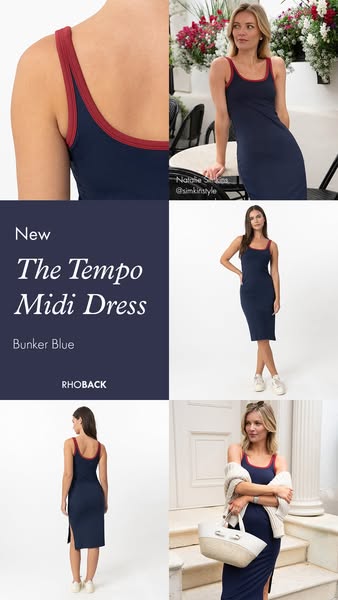 This image ad for Rhoback Apparel features their Tempo Midi Dress in Bunker Blue. The ad incorporates multiple angles an