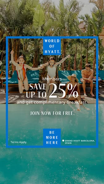 This image ad for World of Hyatt entices members with a promotion offering up to 25% savings and complimentary breakfast