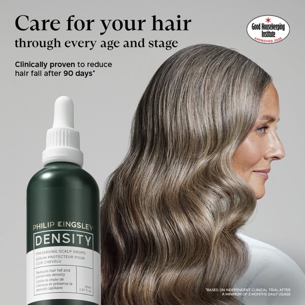 This image ad features Philip Kingsley Density Preserving Scalp Drops, highlighting their ability to reduce hair fall an