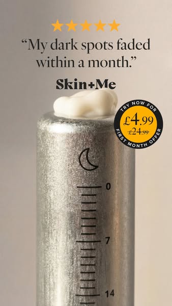 This ad for Skin+Me features a customer quote about how the product faded their dark spots. The product is presented in