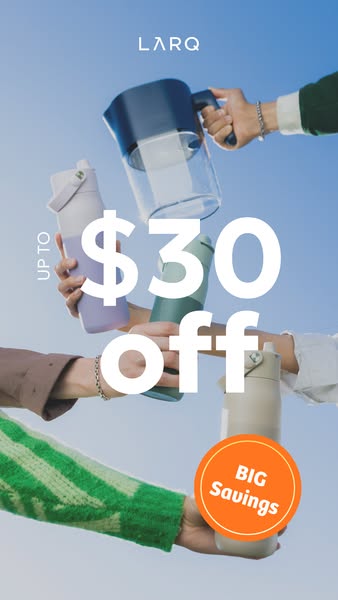 This ad features multiple hands holding different LARQ products in front of a blue sky. A graphic in the center highligh