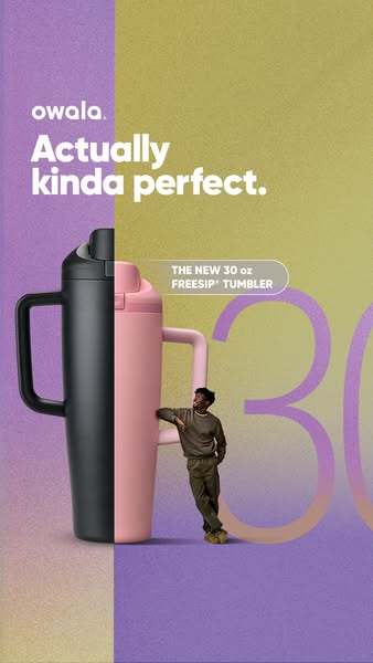 This ad features a large Owala FreeSip tumbler next to a man leaning against it. It highlights the tumbler's size an