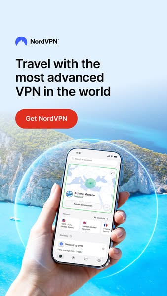 This ad for NordVPN highlights the brand's advanced VPN technology by showcasing travel use cases on a smartphone.