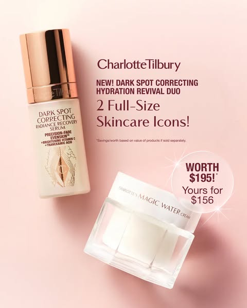 This image ad showcases a skincare duo from Charlotte Tilbury, highlighting the value and benefits of the Dark Spot Corr