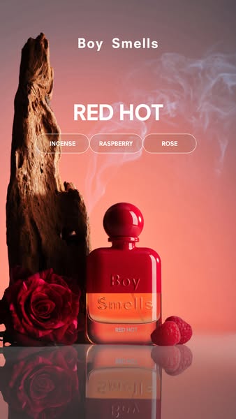 This ad showcases Boy Smells' Red Hot fragrance. The ad features a close-up of the perfume bottle alongside elements