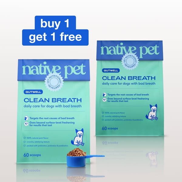 This ad showcases Native Pet's Gutwell Clean Breath product with a Buy One Get One Free promotion. The focus is on h