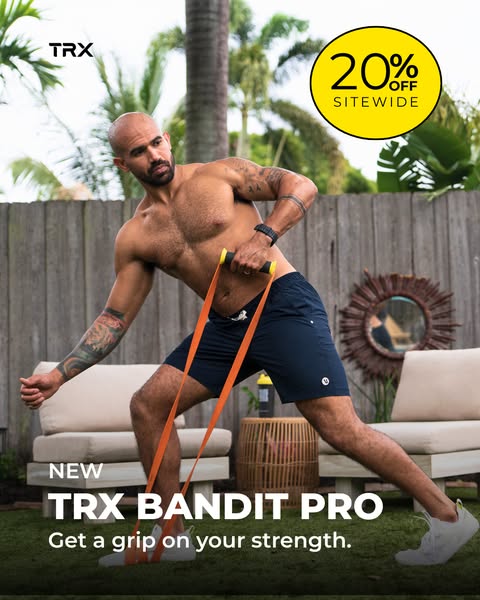 This image ad for TRX promotes the TRX Bandit Pro with a limited time offer of 20% off site wide.