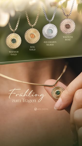 This ad features a close-up shot of a Holzkern necklace being held between two fingers, with the headline "Frühling