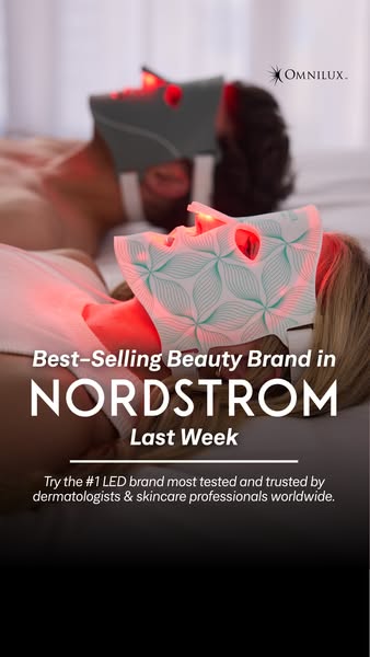 This ad promotes Omnilux LED masks as the best-selling beauty brand in Nordstrom, highlighting their popularity and endo