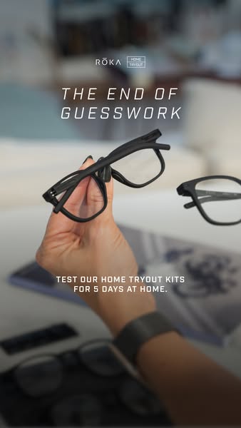This ad for ROKA promotes their home tryout kits. It features an image of a hand holding a pair of glasses with addition