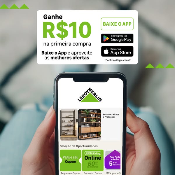 This ad promotes the Leroy Merlin app, offering a discount to new users who download and use the app. The ad features a