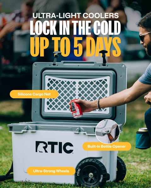 Image ad showcasing the features of RTIC ultra-light coolers.
