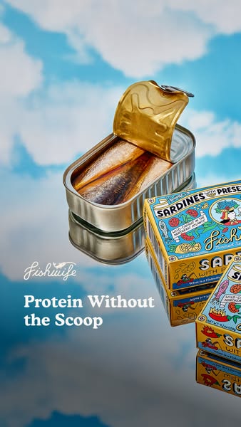 This ad promotes Fishwife sardines as a convenient and protein-rich snack.