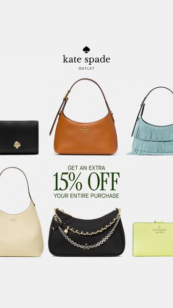 This static image ad for Kate Spade Outlet features a selection of purses and wallets, offering 15% off of the entire pu