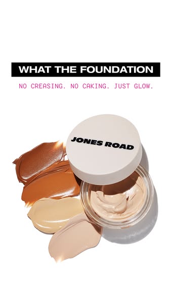 This ad for Jones Road's What The Foundation promotes the product's ability to provide a glow without creasing o