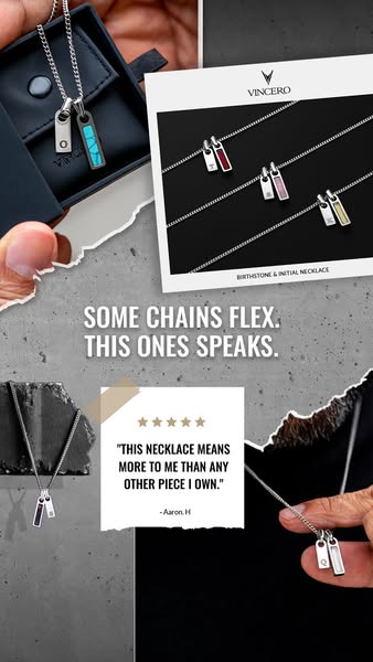 This ad showcases the Vincero Birthstone & Initial Necklace with a customer testimonial, emphasizing the necklace