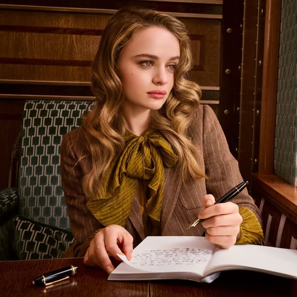 A photo features a woman sitting indoors at a desk, writing in a notebook with a pen. The image suggests a scene from a 