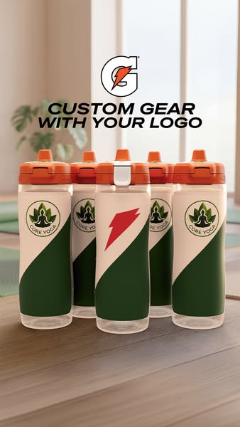 This ad features a row of Gatorade water bottles standing in a yoga studio. Each bottle is branded with a different comp