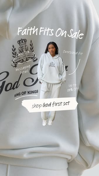 This image ad features a light blue hoodie and sweatpants set, adorned with religious-themed graphics and text. The ad e