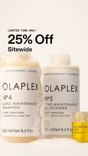 This ad features Olaplex hair care products (shampoo, conditioner, and bonding oil) and promotes a limited-time offer of