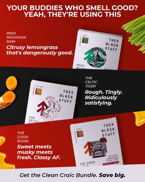 This ad showcases three different soap products from The Black Stuff, highlighting their unique scents and benefits. It 