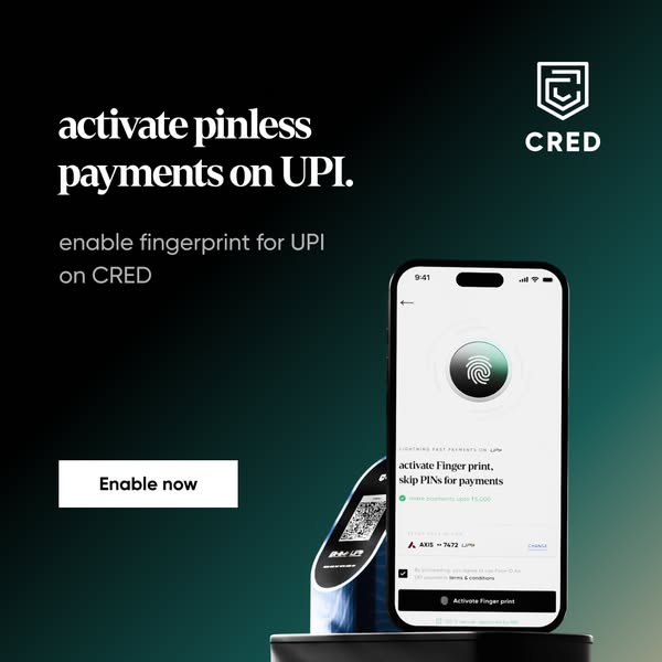 This ad for CRED promotes its pinless payment feature on UPI, which uses fingerprint authentication. The ad uses a produ