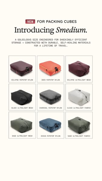 This ad introduces a new 'Smedium' size of packing cubes, highlighting their efficient storage and durable, self
