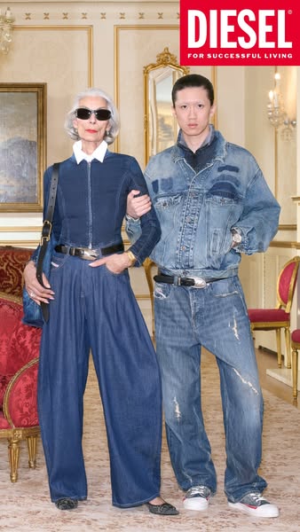 This image features two people wearing Diesel clothing in a highly stylized way, designed to capture attention and eleva