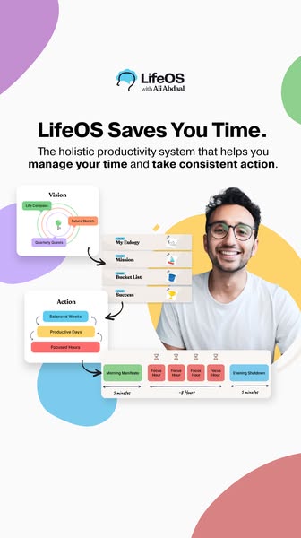 The ad promotes LifeOS as a holistic productivity system designed to save users time and help them take consistent actio