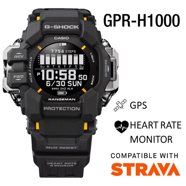 This ad showcases the GPR-H1000 watch by G-Shock, highlighting its GPS, heart rate monitor, and Strava compatibility.